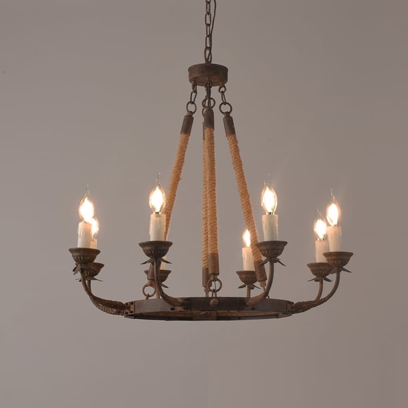 Candlely Rustic Flaxen Hemp Rope & Metal 8-Light Round Candelabra Chandelier in Rust
