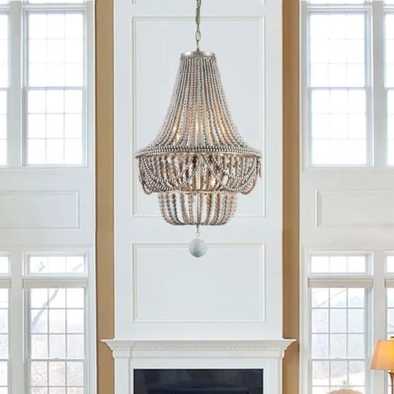 Katia Boho Wood Beaded Chandelier Empire Ceiling Light in Gray & Blue