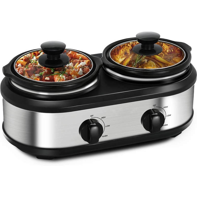 X WINDAZE Dual Slow Cooker, Buffet Servers and Warmers with 2 X 1.25Qt, Tempered glass lids and Lid Rests, 3 Adjustable Temp, Stainless Steel