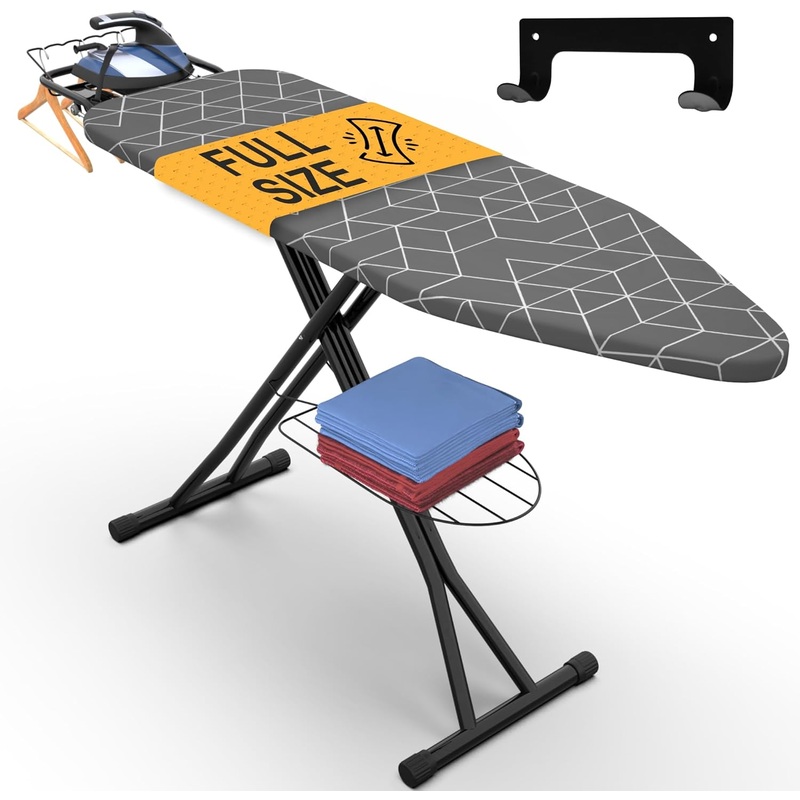 Xabitat Full Size Ironing Board 57 X 15 W/Wall Mount Hanger | Full Metal Construction| Built in Iron Caddy | Heat & Scorch Resistant Fabric | Cord Holder | Anti-Skid Feet | Heavy Duty| Easy to Fold, Gray