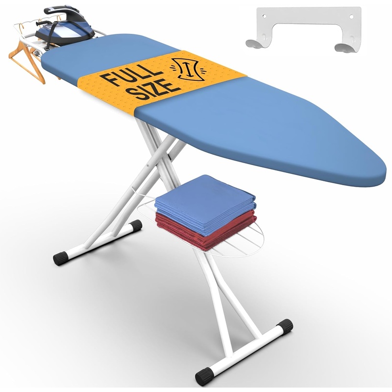 Xabitat Full Size Ironing Board 57 X 15 W/Wall Mount Hanger | Full Metal Construction Iron Board | Built in Iron Caddy | Heat & Scorch Resistant Fabric | Cord Holder | Anti-Skid Feet | Heavy Duty
