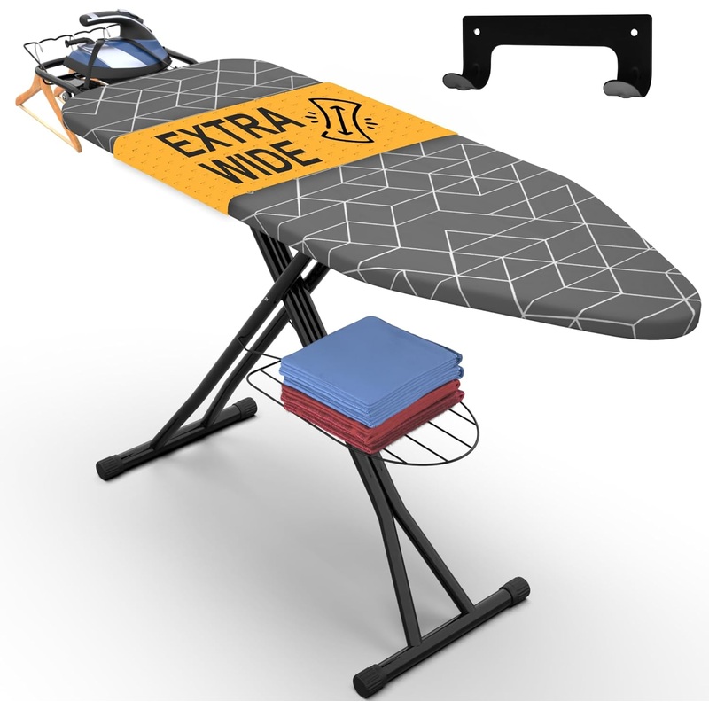Xabitat Full Size Ironing Board 57 X 18 W/Wall Mount Hanger | Full Metal Construction Iron Board | Built in Iron Caddy | Heat & Scorch Resistant Fabric | Cord Holder | Anti-Skid Feet | Heavy Duty