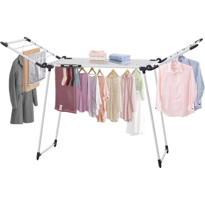 YUBELLES Clothes Drying Rack, Gullwing Laundry Rack, Collapsible, Space-Saving Laundry Rack, with Sock Clips, for Clothes, Towels, Linens, Indoor/Outdoor