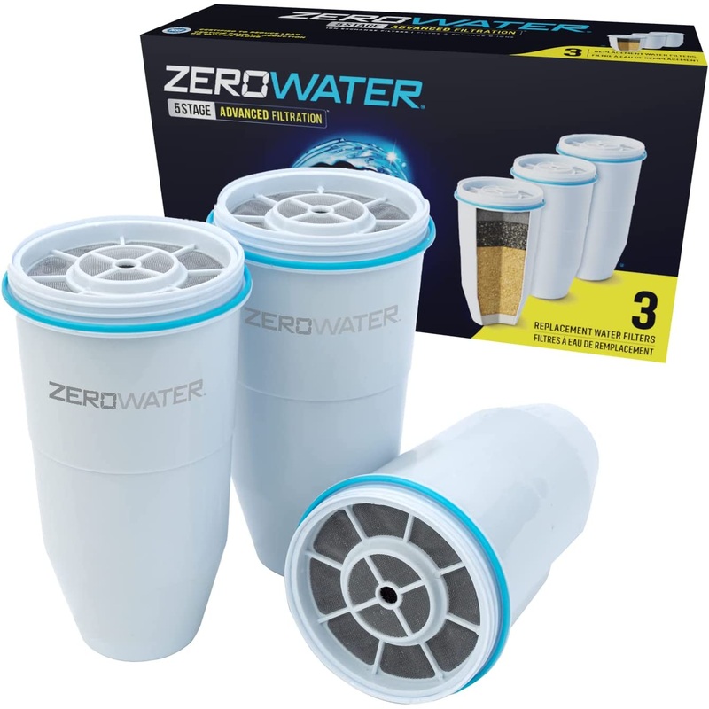 ZeroWater 5-Stage Water Filter Replacement, NSF Certified to Reduce Lead, Other Heavy Metals and PFOA/PFOS, 3 Count (Pack of 1), White