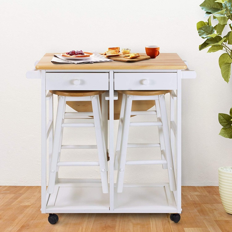 Zimtown Kitchen Cart Island Trolley Storage Dining Table 2 Bar Stools 2 Drawers