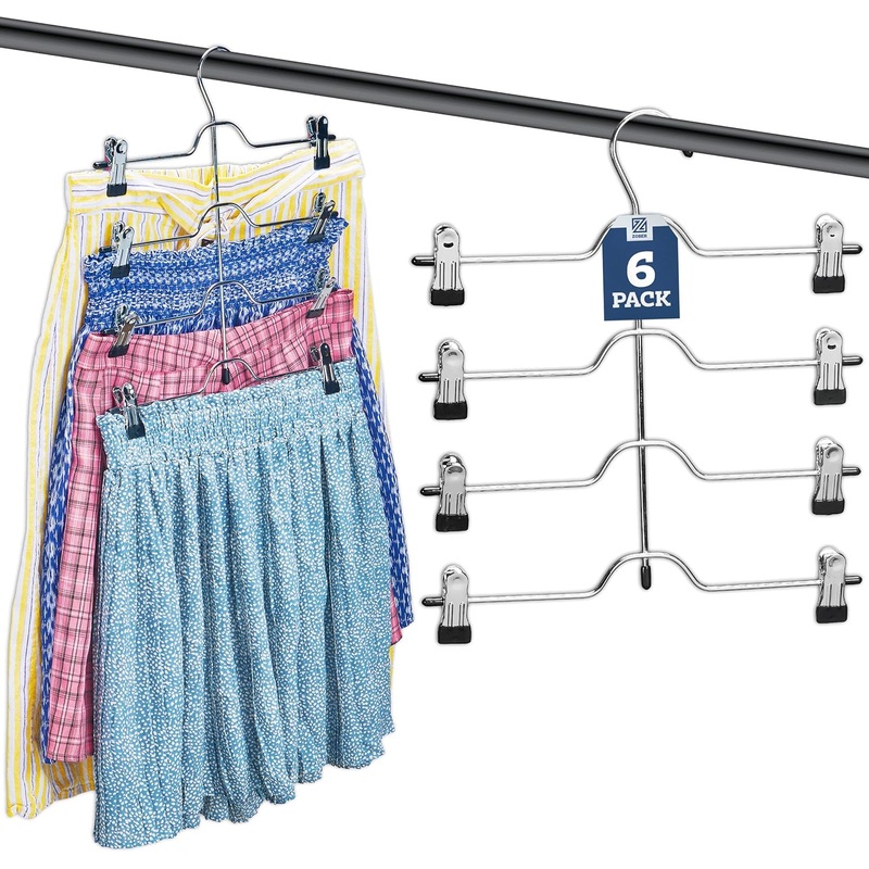 Zober 4-Tier Skirt Hangers with Clips  Metal, Non-Slip Space Saving Pants Hangers W/Adjustable Clips & Swivel Hooks  Skirt Hangers for Women (6-Pack)