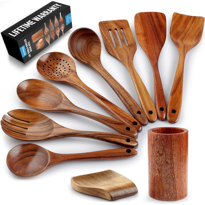 Zulay Kitchen 10-Piece Wooden Spoons for Cooking  Smooth Finish Teak Wooden Utensils for Cooking  Soft Comfort-Grip Wood Spoons for Cooking  Non-Stick Wooden Cooking Utensils  Wooden Spoon Sets
