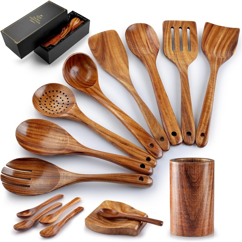 Zulay Kitchen 15-Piece Teak Wooden Utensils for Cooking  Natural Teak Utensil Set with Premium Gift Box  Non-Stick Wooden Spoons for Cooking  Kitchen Gift Set  Comfortable Grip Wooden Utensil Set