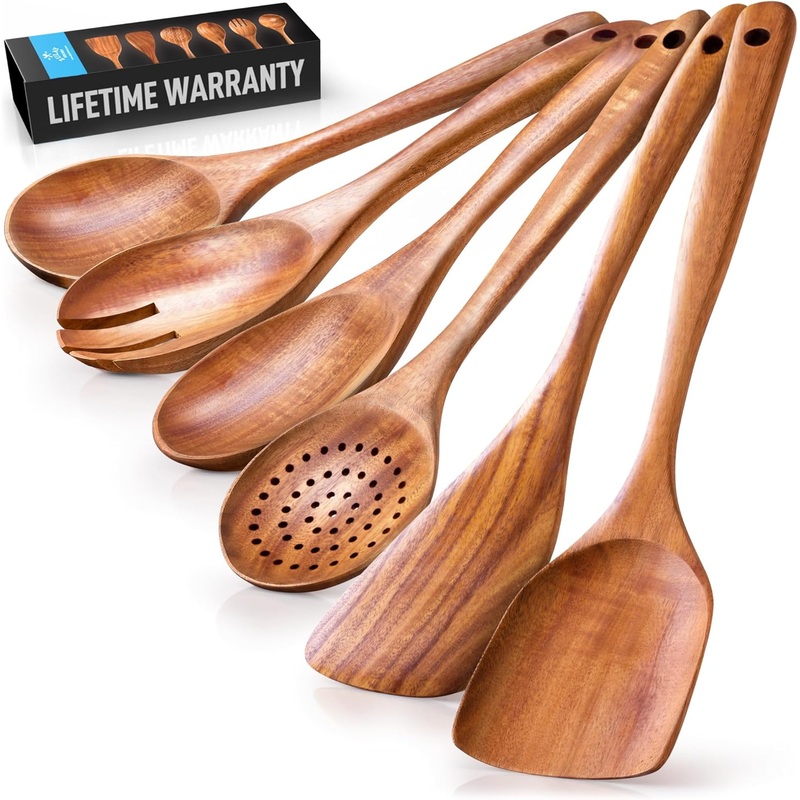 Zulay Kitchen 6-Piece Wooden Spoons for Cooking  Smooth Finish Teak Wooden Utensils for Cooking  Soft Comfort-Grip Wood Spoons for Cooking  Non-Stick Wooden Cooking Utensils  Wooden Spoon Sets