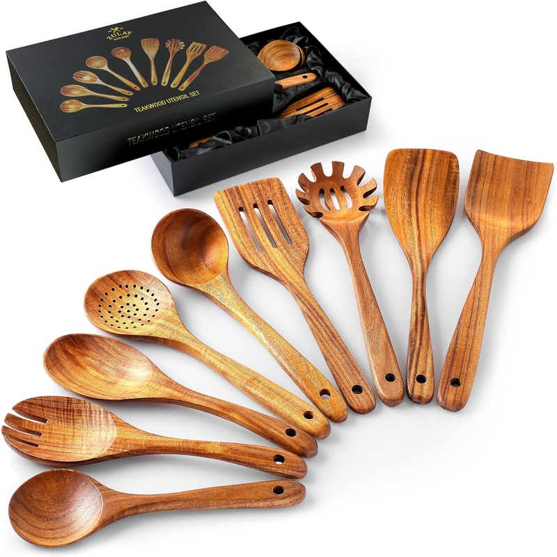 Zulay Kitchen 9-Piece Teak Wooden Utensils for Cooking  Natural Teak Utensil Set with Premium Gift Box  Non-Stick Wooden Spoons for Cooking  Kitchen Gift Set  Comfortable Grip Wooden Utensil Set