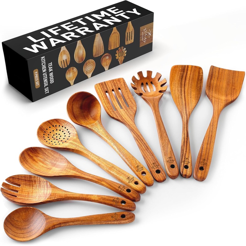 Zulay Kitchen 9-Piece Teak Wooden Utensils for Cooking  Smooth Finish Natural Teak Utensil Set  Non-Stick Wooden Spoons for Cooking  Kitchen Gift Set  Comfortable Grip Wooden Utensil Set