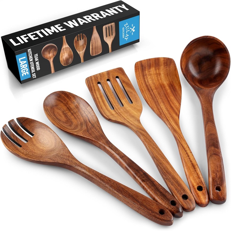 Zulay Kitchen Extra-Large 5-Piece Wooden Spoon Set for Cooking  Smooth Teak Wooden Utensils  Comfort-Grip Non-Stick Wooden Cooking Spoons  Large Wooden Turner, Spatula, Skimmer, Fork, Serving Spoon