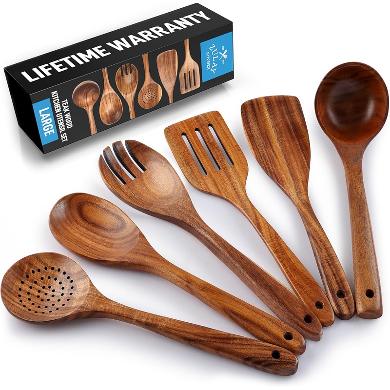 Zulay Kitchen Extra-Large 6-Piece Wooden Spoon Set for Cooking  Smooth Teak Wooden Utensils  Comfort-Grip Non-Stick Wooden Cooking Spoons  Large Wooden Turner, Spatula, Skimmer, Fork, Serving Spoon