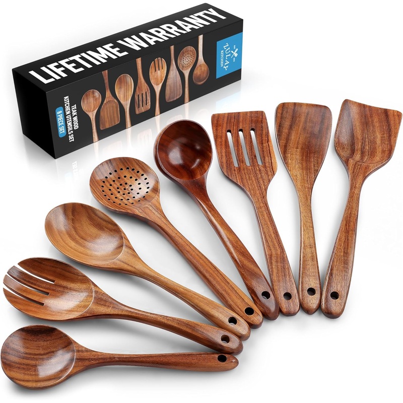 Zulay Kitchen Premium 8-Piece Wooden Spoons for Cooking  Smooth Finish Teak Wooden Utensils for Cooking, Smooth Finish Natural Teak Wood, Non-Stick Wooden Cooking Utensils  Handmade Wooden Utensils