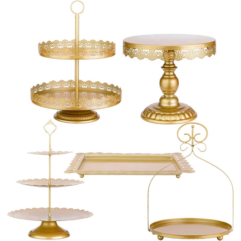 ZUMELER Gold 5Pcs Cake Stands Set Metal Round Cupcake Holder Cookies Dessert Display Plate Serving Tower Tray Platter with Handl for Baby Shower Wedding Birthday Party Celebration