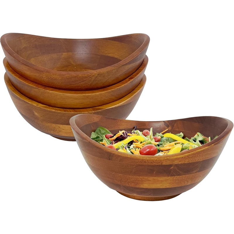Woodard & Charles Set of 4 Individual Wood Serving Bowls for Salad, Fruit, Snacks, Nuts Candy and More, 7 x 6 1/2 x 3