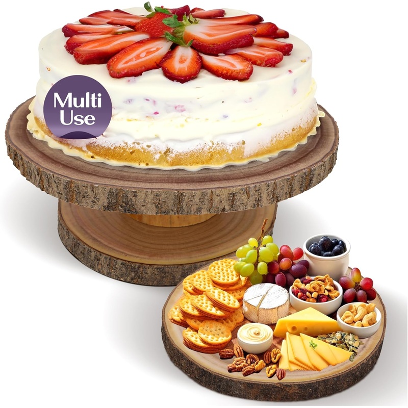 Wooden Cake Stand Rustic 12 inch  Multifunctional 2-in-1 Wedding Cake Stand Wood & Display Tray Platter for Appetizers Desserts Charcuterie Board  Farmhouse Tree Stump Style  Sturdy, Easy to Clean