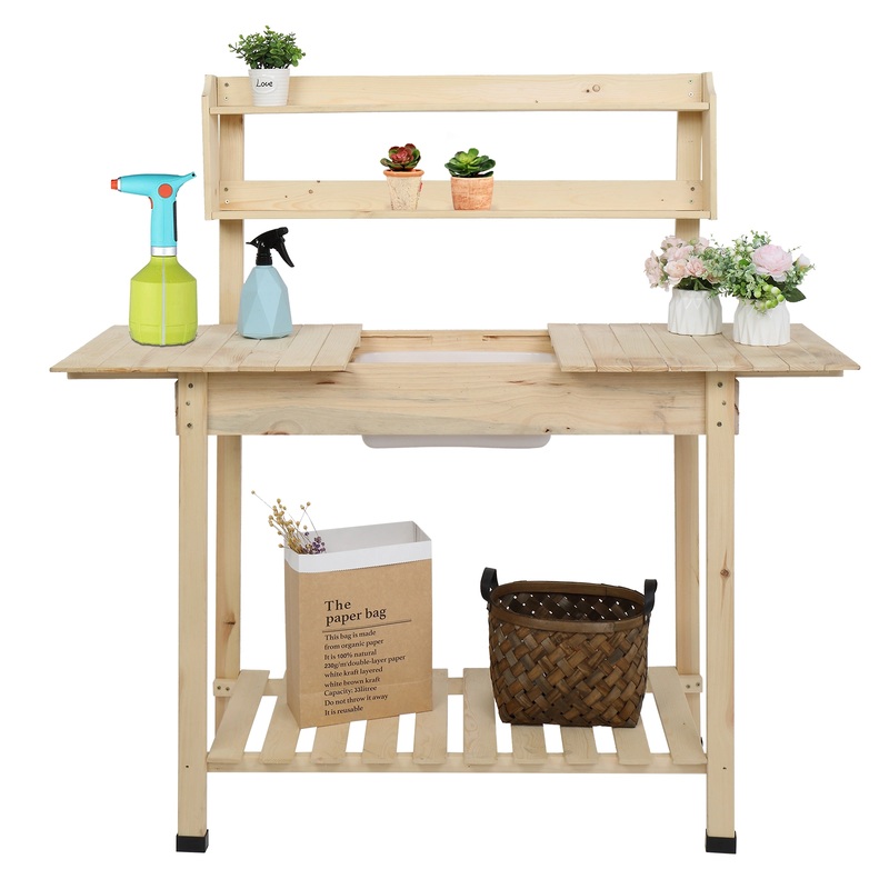 Wooden Garden Workbench Sliding Table Top Yellow Wood 39.37 x 18.11 x 55.12