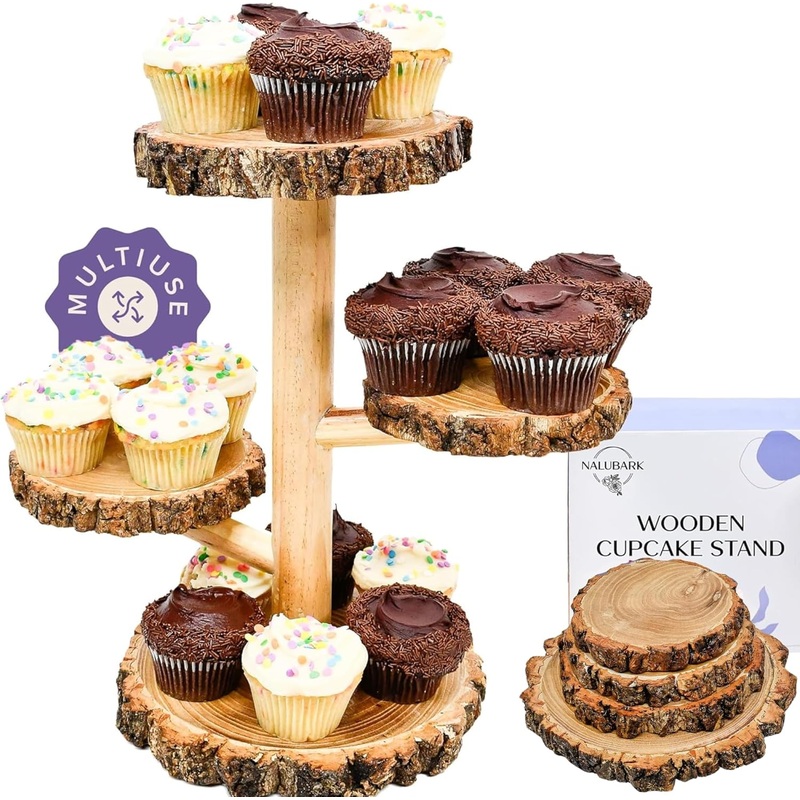 Wooden Rustic Cupcake Stand  4 Tier Natural & Sturdy Wood Dessert Display  For Birthday Party Decoration, Wedding, Baby Shower Decor  Round Tower Tiered Tray Plate Centerpiece Set (Textured Bark Edges)