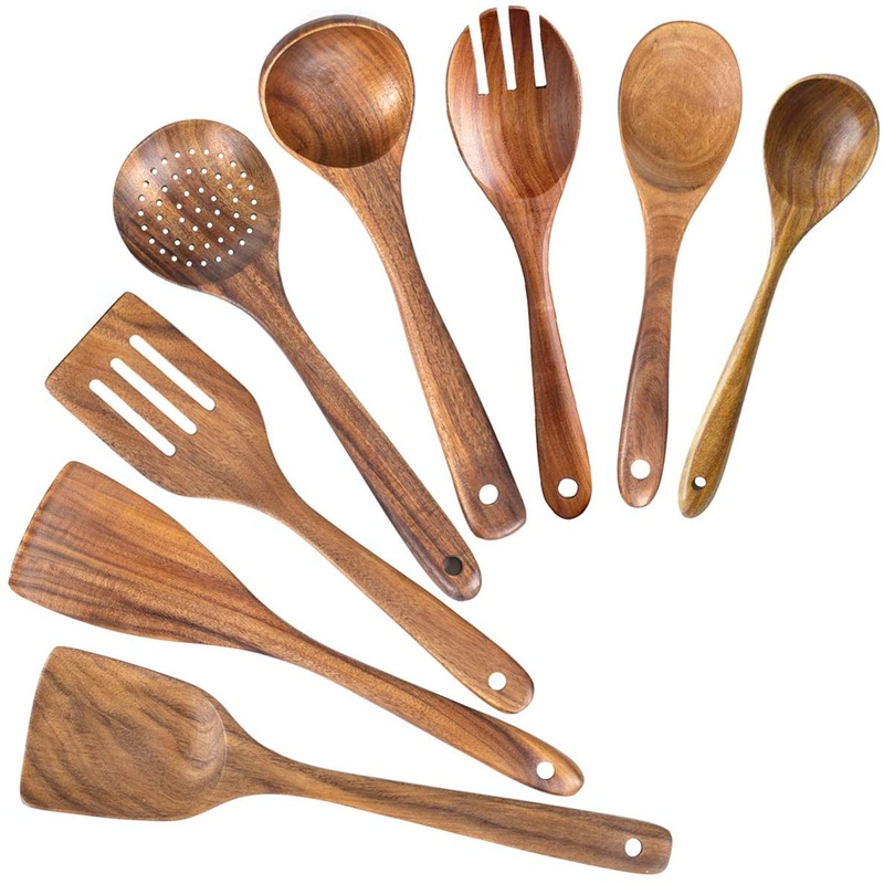 Wooden Spoons for Cooking, Nonstick Kitchen Utensil Set (Teak 8 Pack)