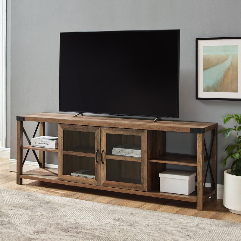 Woven Paths Farmhouse 2 Door Metal X TV Stand for TVs up to 80, Reclaimed Barnwood