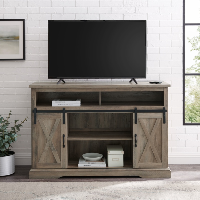 Woven Paths Farmhouse Barn Door TV Stand for TVs up to 58, Grey Wash
