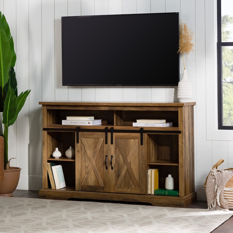 Woven Paths Farmhouse Barn Door TV Stand for TVs up to 58, Reclaimed Barnwood