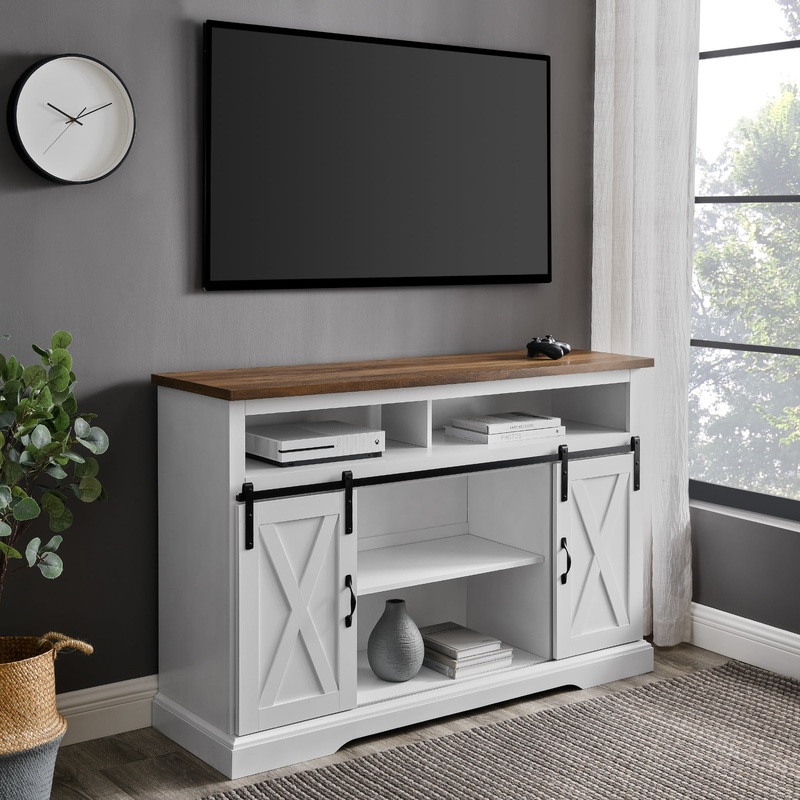 Woven Paths Farmhouse Barn Door TV Stand for TVs up to 58, White
