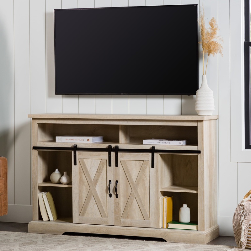 Woven Paths Farmhouse Barn Door TV Stand for TVs up to 58, White Oak