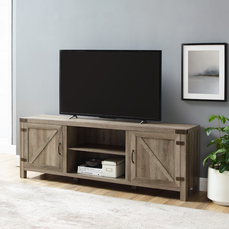 Woven Paths Farmhouse Barn Door TV Stand for TVs up to 80, Grey Wash