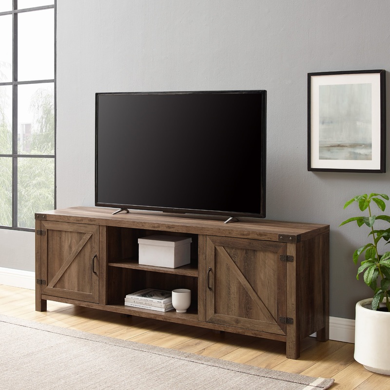 Woven Paths Farmhouse Barn Door TV Stand for TVs up to 80, Reclaimed Barnwood