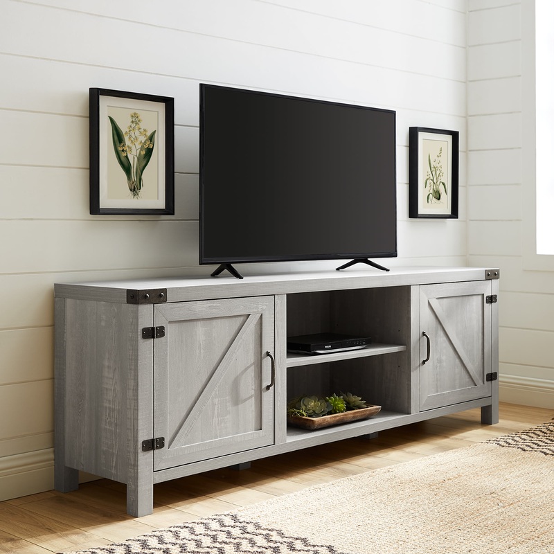 Woven Paths Farmhouse Barn Door TV Stand for TVs up to 80, Stone Grey