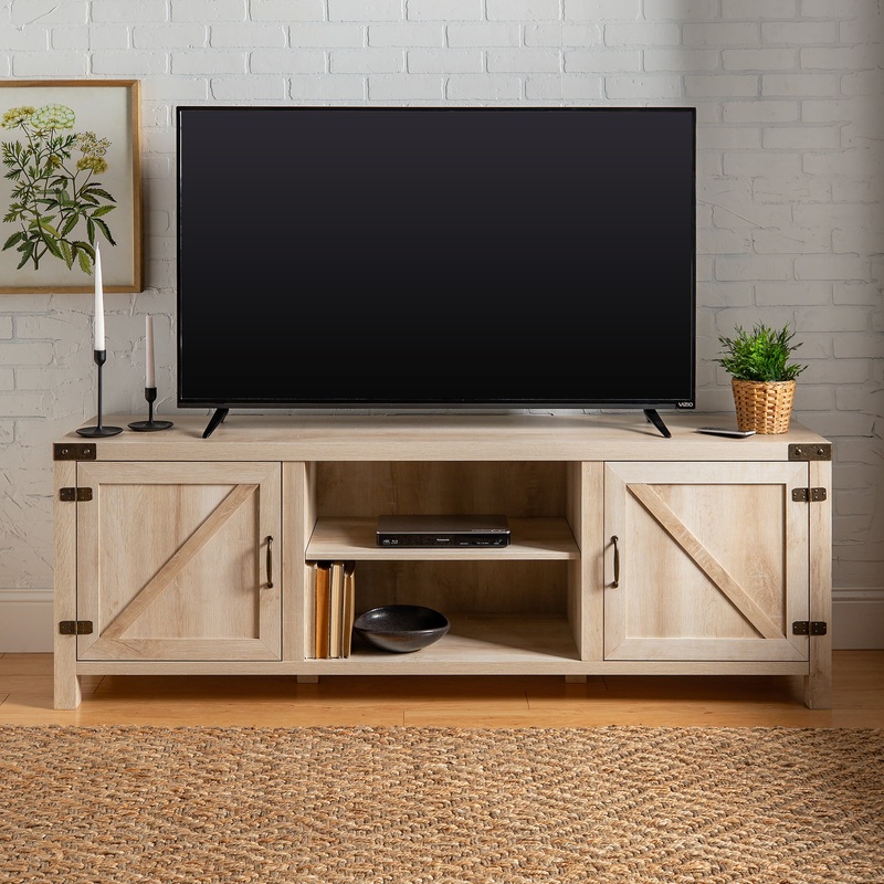 Woven Paths Farmhouse Barn Door TV Stand for TVs up to 80, White Oak