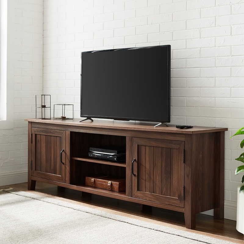 Woven Paths Farmhouse Grooved Door TV Stand for TVs up to 80, Dark Walnut