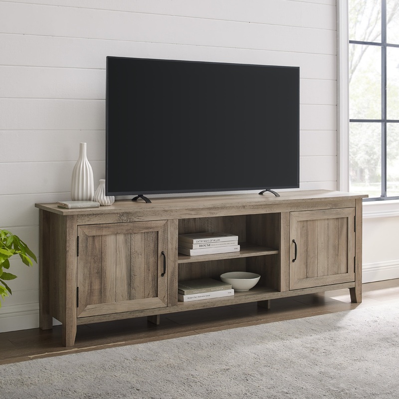 Woven Paths Farmhouse Grooved Door TV Stand for TVs up to 80, Grey Wash