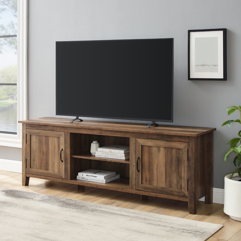 Woven Paths Farmhouse Grooved Door TV Stand for TVs up to 80, Reclaimed Barnwood