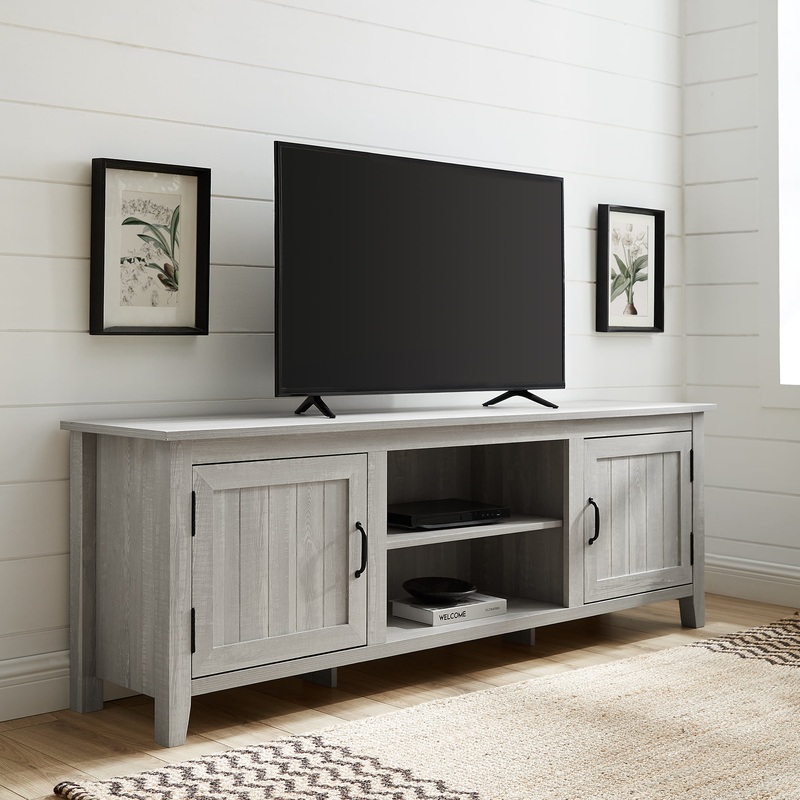 Woven Paths Farmhouse Grooved Door TV Stand for TVs up to 80, Stone Grey