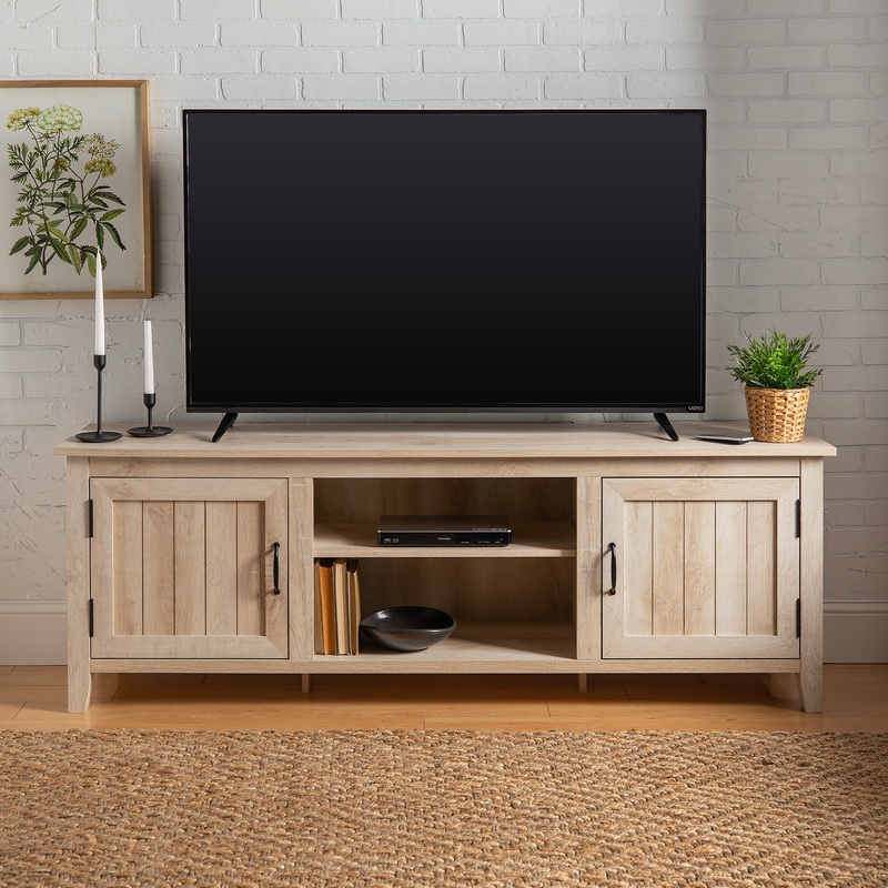 Woven Paths Farmhouse Grooved Door TV Stand for TVs up to 80, White Oak
