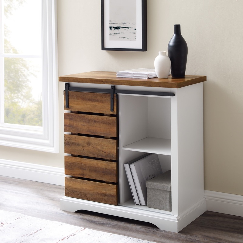 Woven Paths Farmhouse Sliding Door Accent Cabinet, Solid White Reclaimed Barnwood