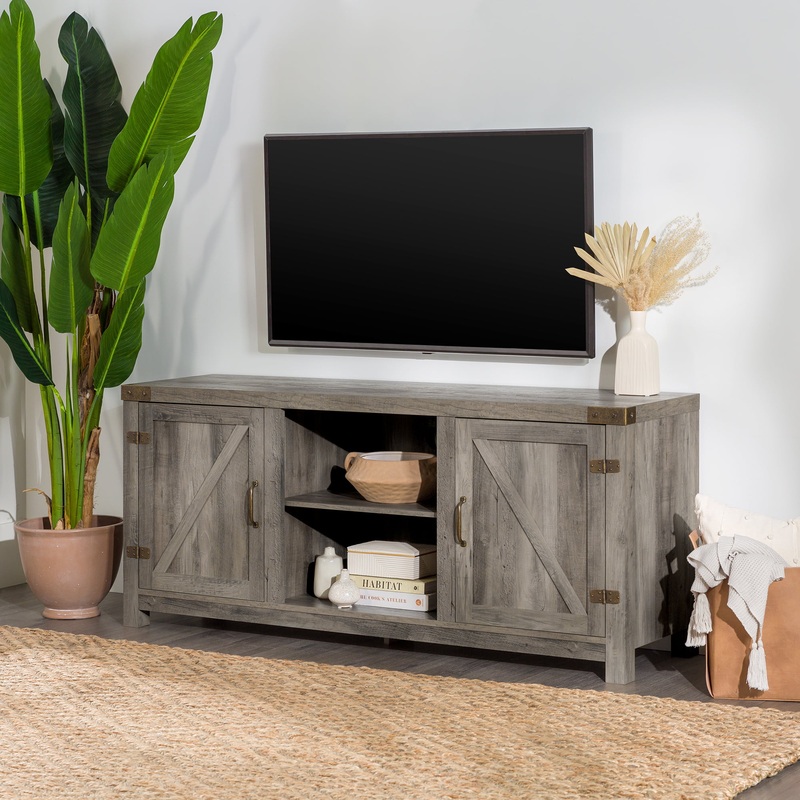 Woven Paths Modern Farmhouse Barn Door TV Stand for TVs up to 65, Grey Wash