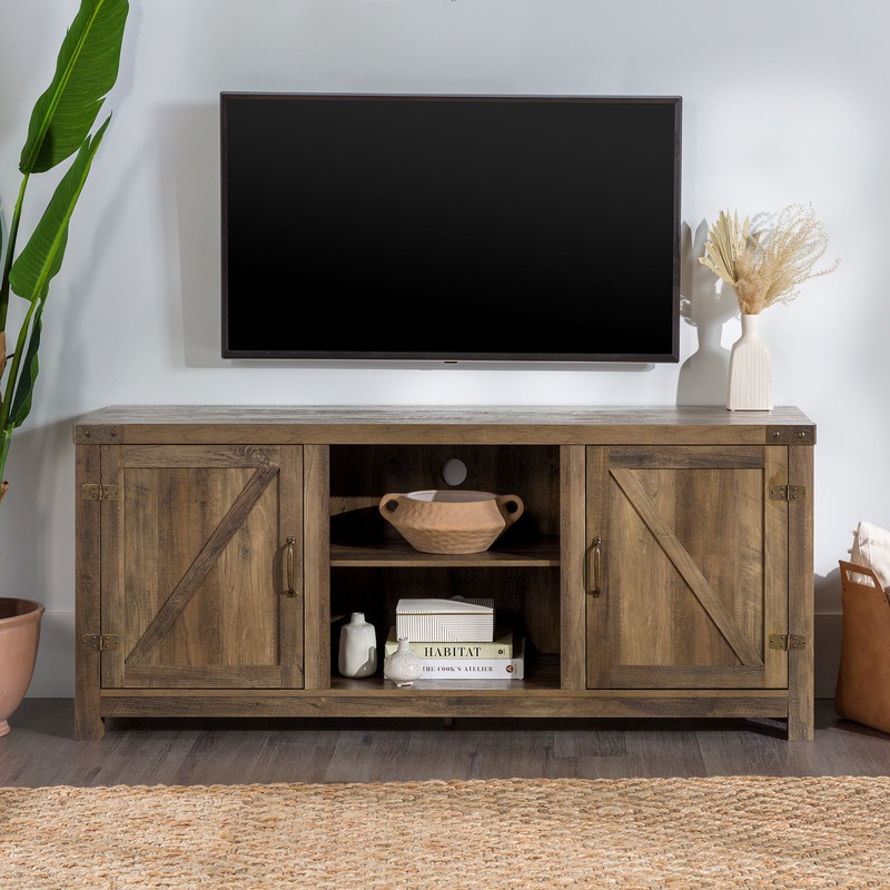 Woven Paths Modern Farmhouse Barn Door TV Stand for TVs up to 65, Reclaimed Barnwood