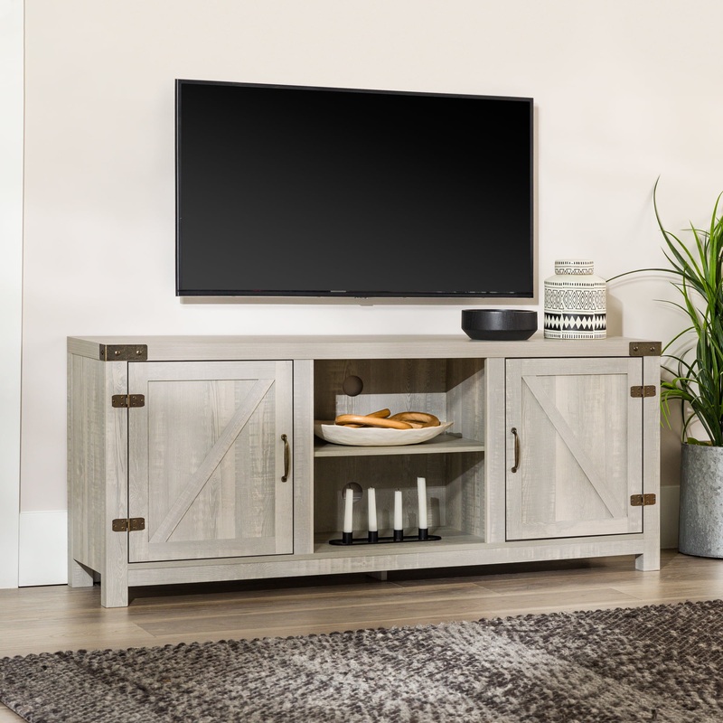 Woven Paths Modern Farmhouse Barn Door TV Stand for TVs up to 65, Stone Grey
