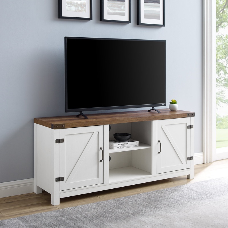 Woven Paths Modern Farmhouse Barn Door TV Stand for TVs up to 65, White/Barnwood