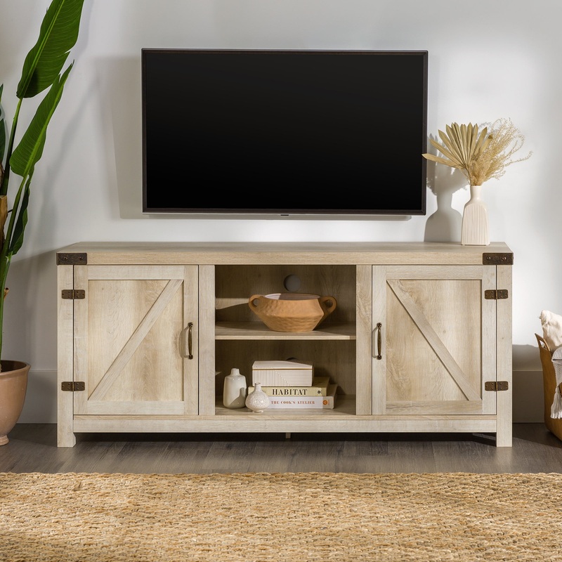 Woven Paths Modern Farmhouse Barn Door TV Stand for TVs up to 65, White Oak