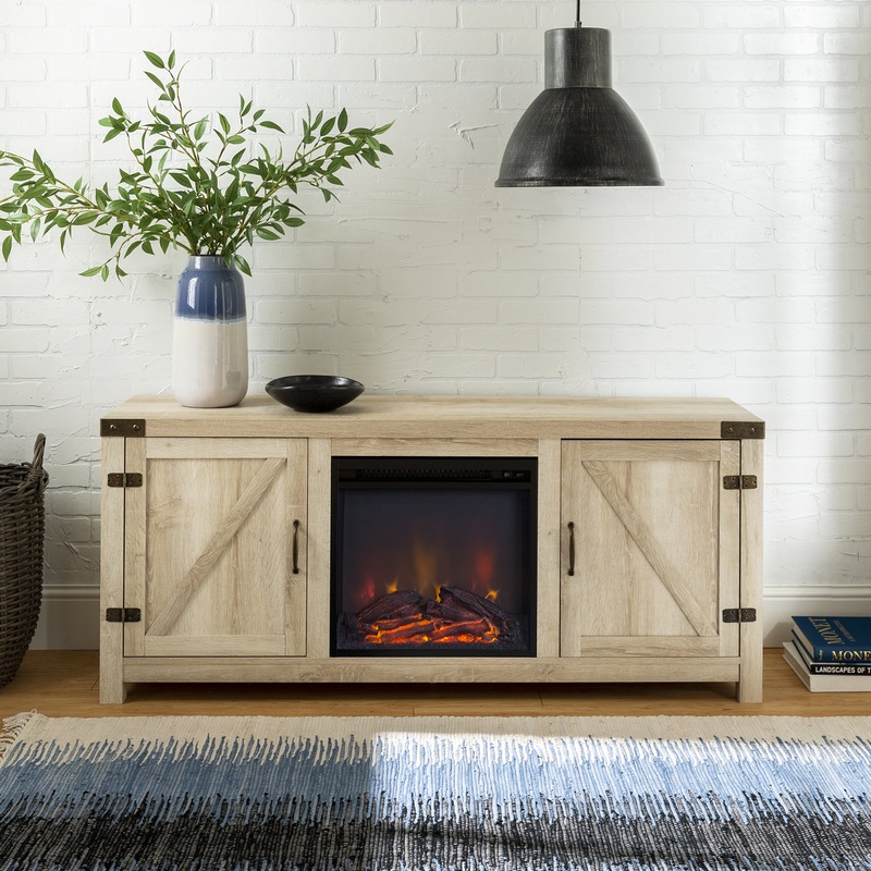 Woven Paths Modern Farmhouse Fireplace TV Stand for TVs up to 65, White Oak