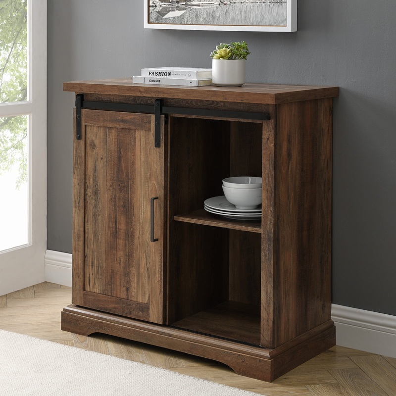 Woven Paths Modern Farmhouse Sliding Door Accent Cabinet, Reclaimed Barnwood