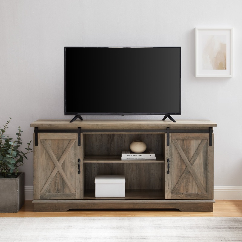 Woven Paths Sliding Farmhouse Barn Door TV Stand for TVs up to 65, Grey Wash