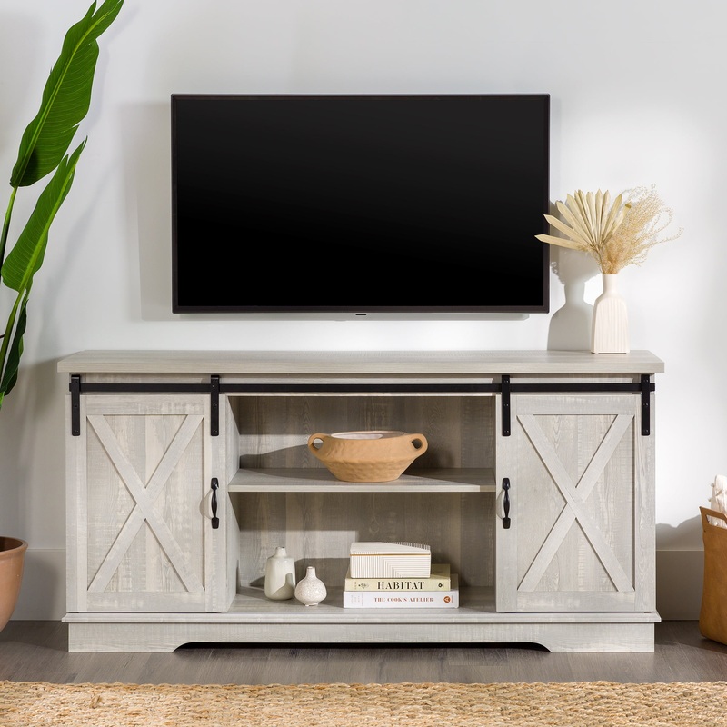 Woven Paths Sliding Farmhouse Barn Door TV Stand for TVs up to 65, Stone Grey