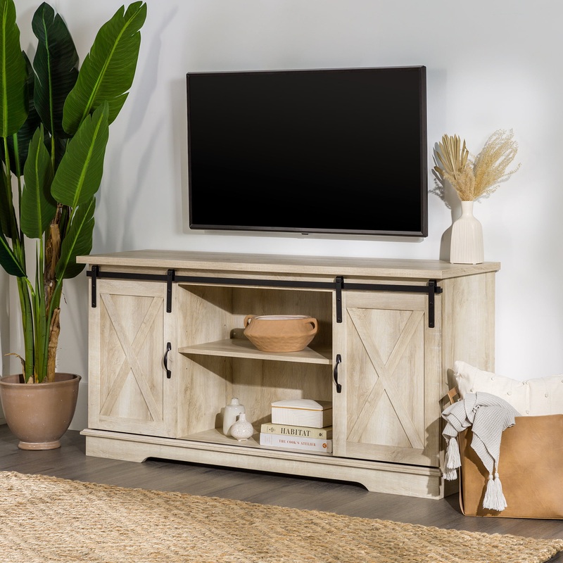 Woven Paths Sliding Farmhouse Barn Door TV Stand for TVs up to 65, White Oak/Brown
