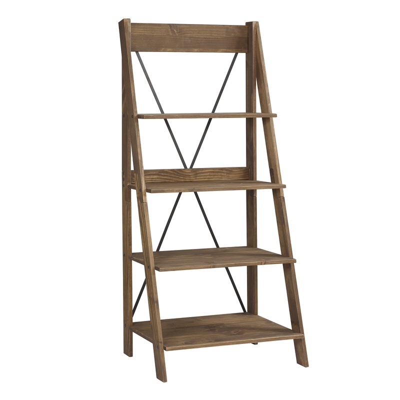 Woven Paths Solid Wood 4-Shelf Ladder Bookshelf- Brown